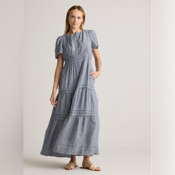 NWT Quince 100% European Linen Tiered Blue and White Striped Maxi Dress - Picture 5 of 5
